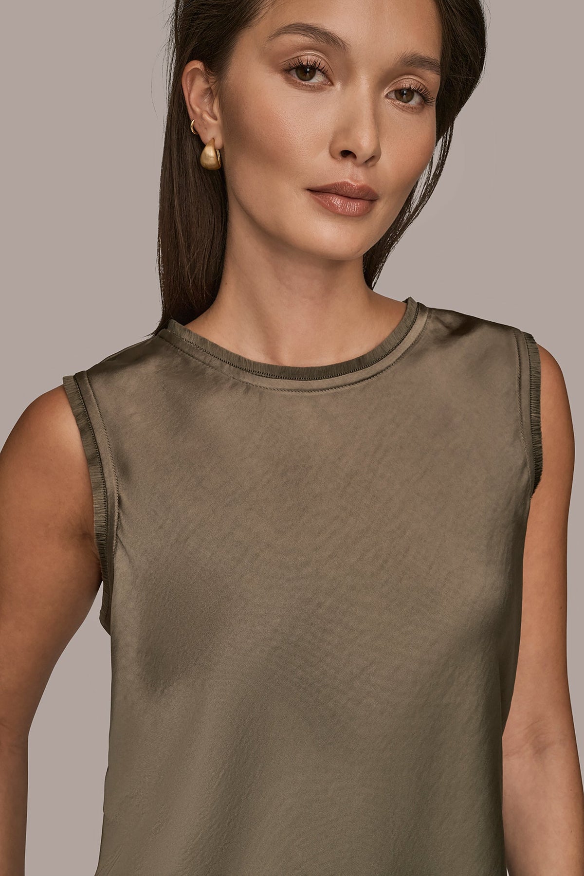 Donna Karan SATIN FRINGE-TRIMMED SLEEVELESS BLOUSE