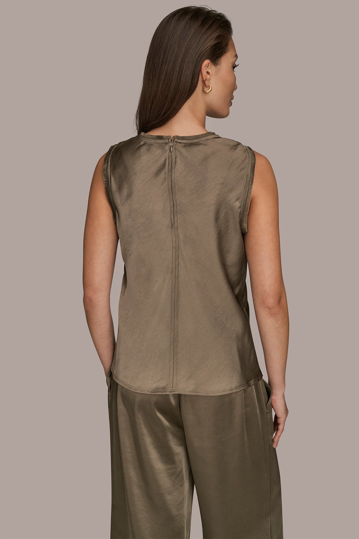 Donna Karan SATIN FRINGE-TRIMMED SLEEVELESS BLOUSE