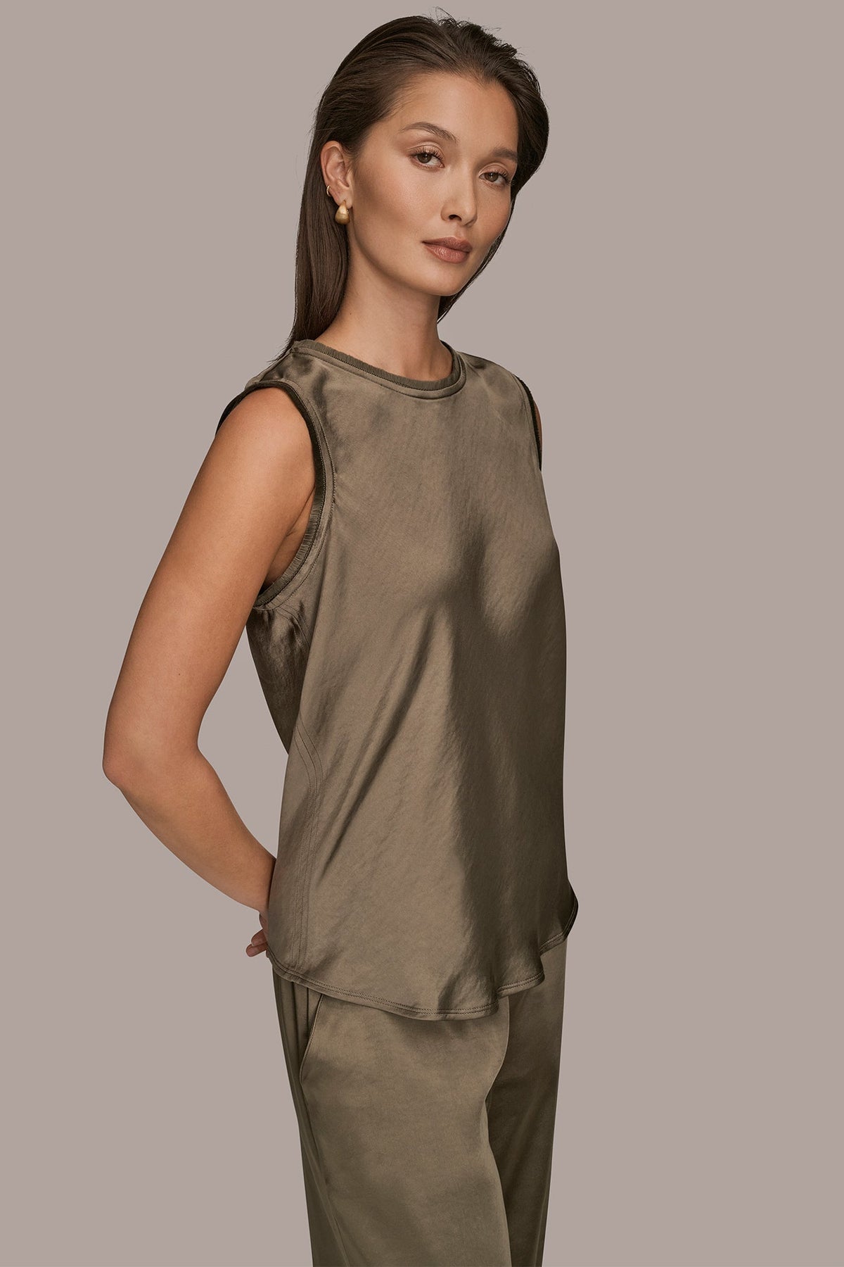 Donna Karan SATIN FRINGE-TRIMMED SLEEVELESS BLOUSE