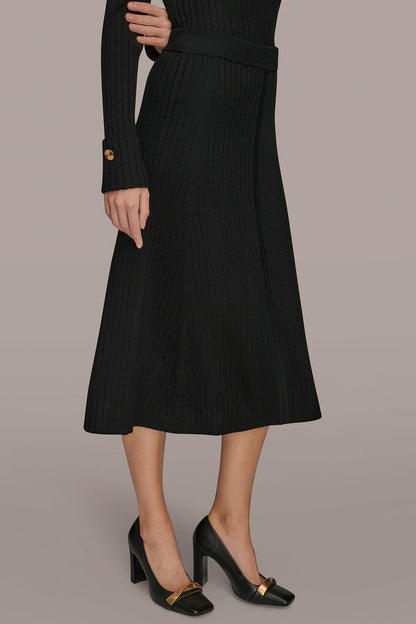 Donna Karan RIBBED SWEATER MIDI A-LINE SKIRT