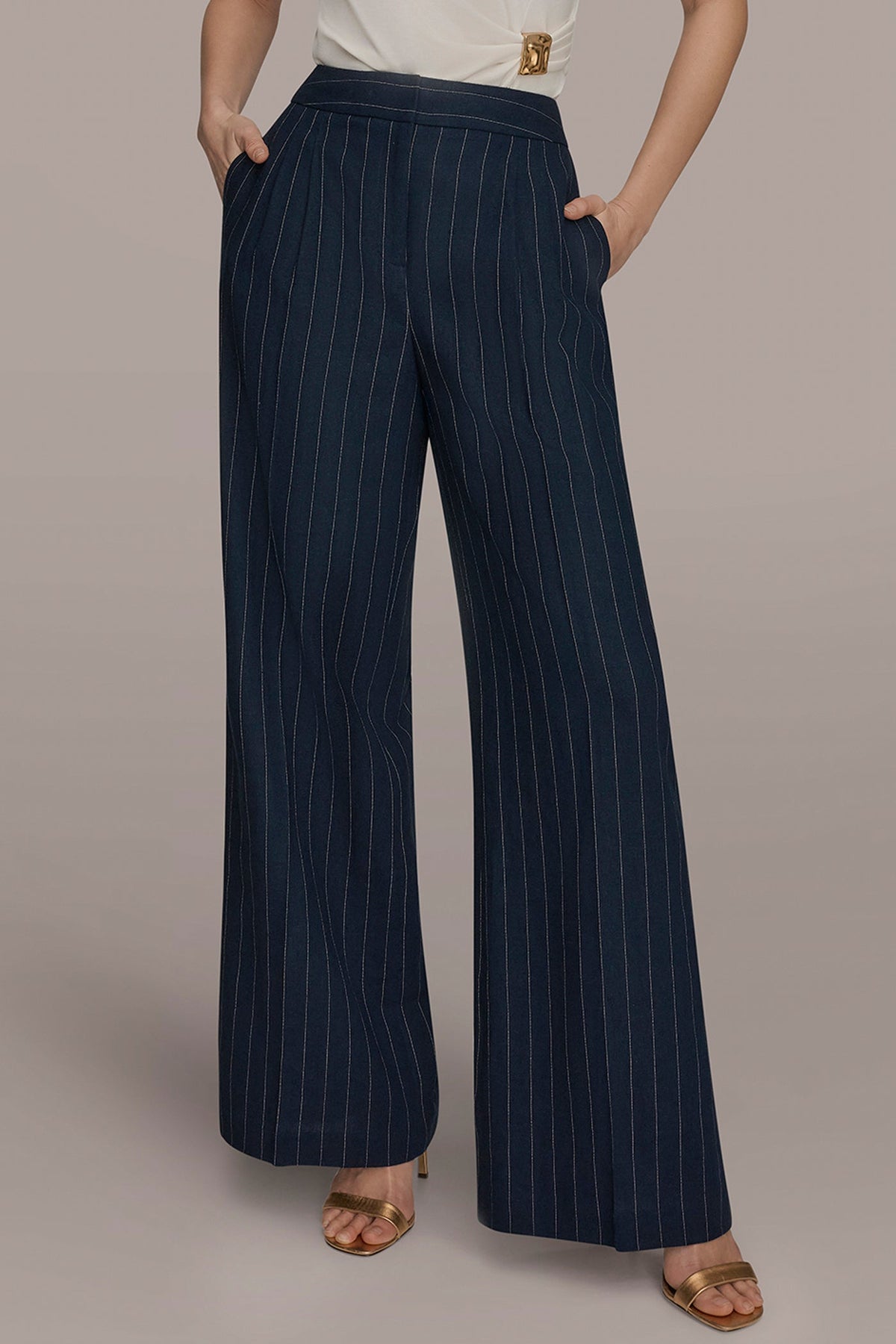 Donna Karan LINEN-BLEND PINSTRIPE WIDE-LEG SUIT PANT