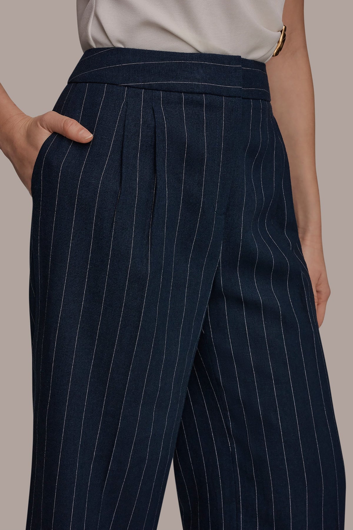 Donna Karan LINEN-BLEND PINSTRIPE WIDE-LEG SUIT PANT