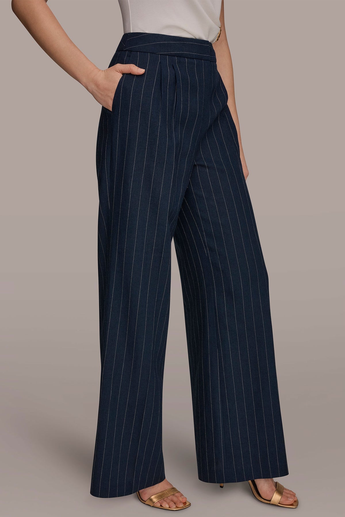Donna Karan LINEN-BLEND PINSTRIPE WIDE-LEG SUIT PANT