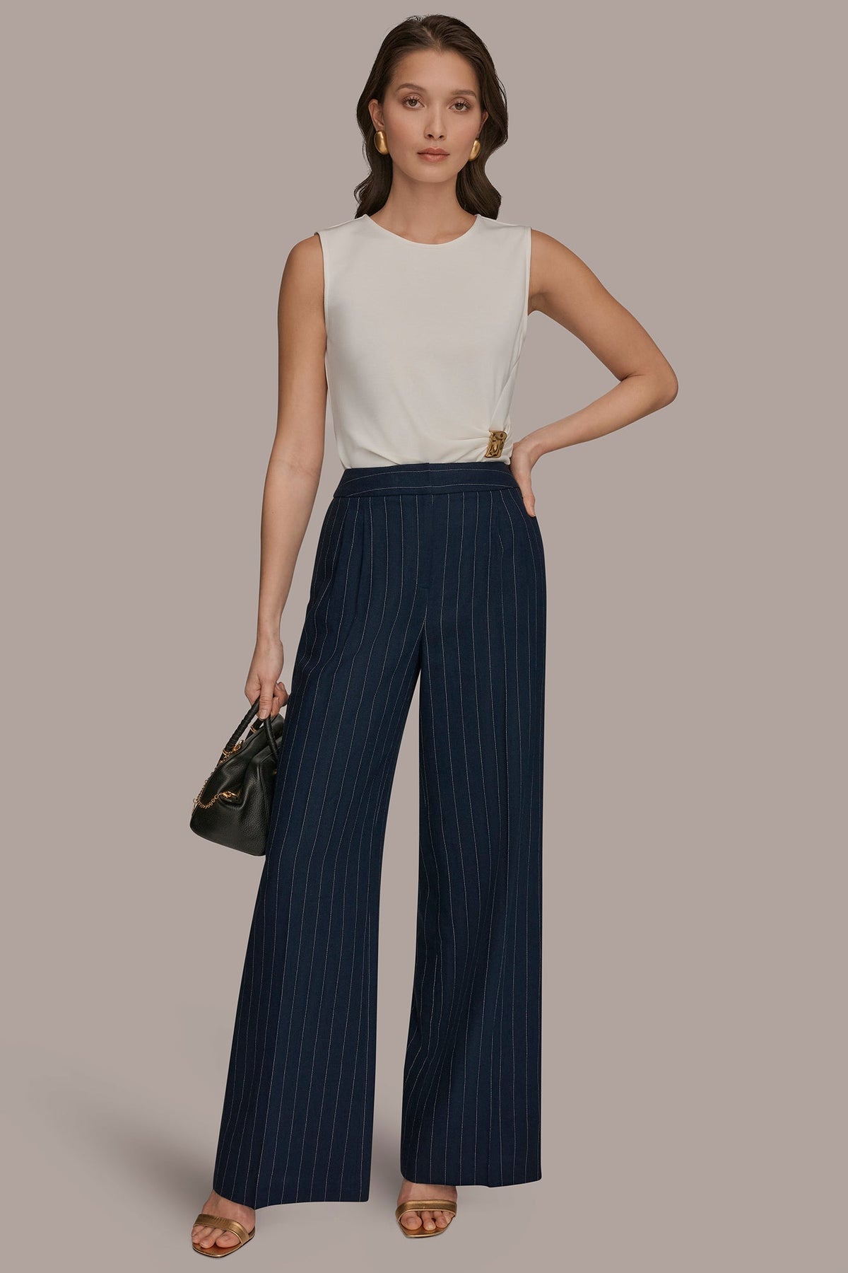 Donna Karan LINEN-BLEND PINSTRIPE WIDE-LEG SUIT PANT
