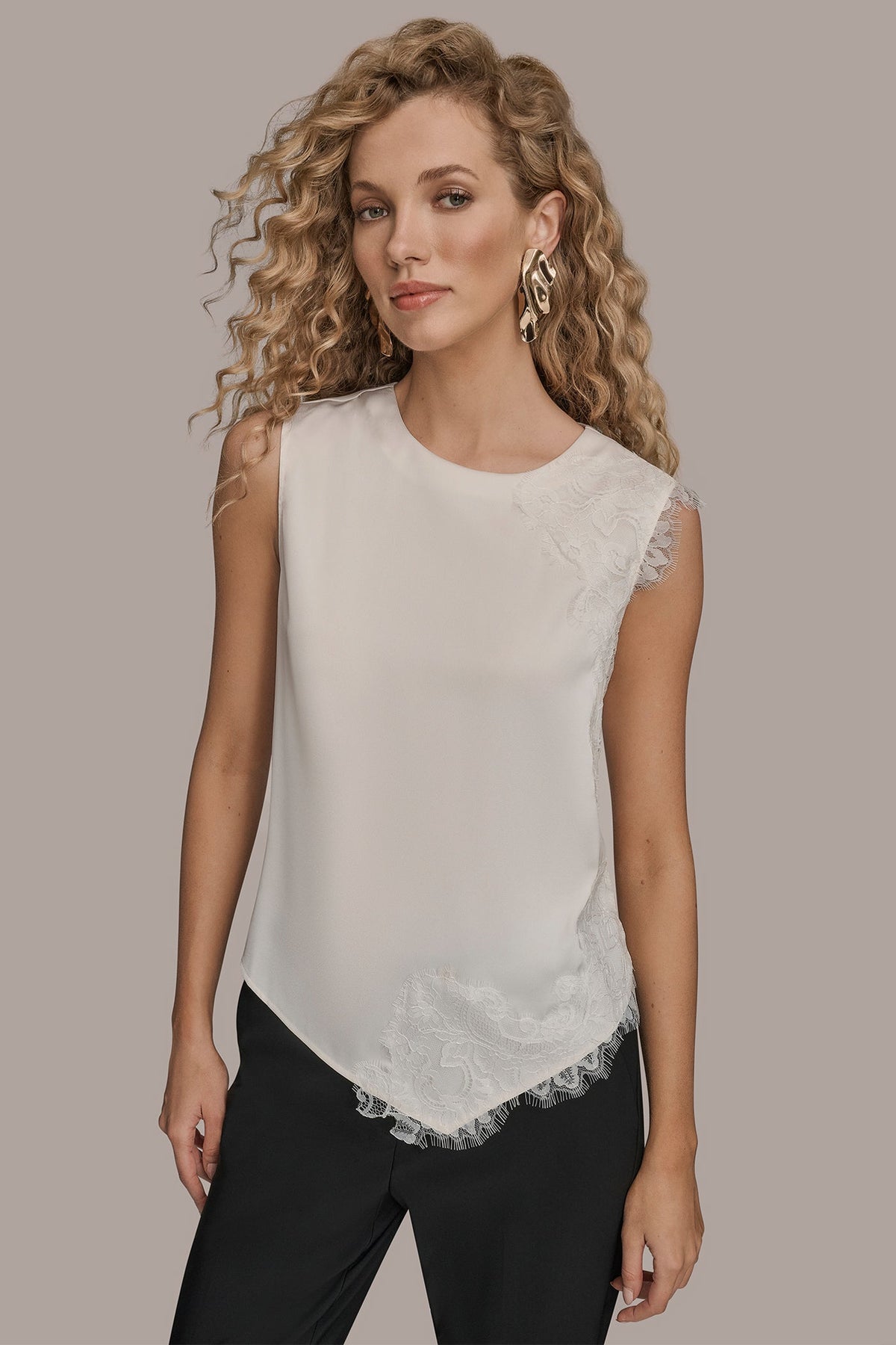 Donna Karan SLEEVELESS LACE-TRIM CREPE BLOUSE