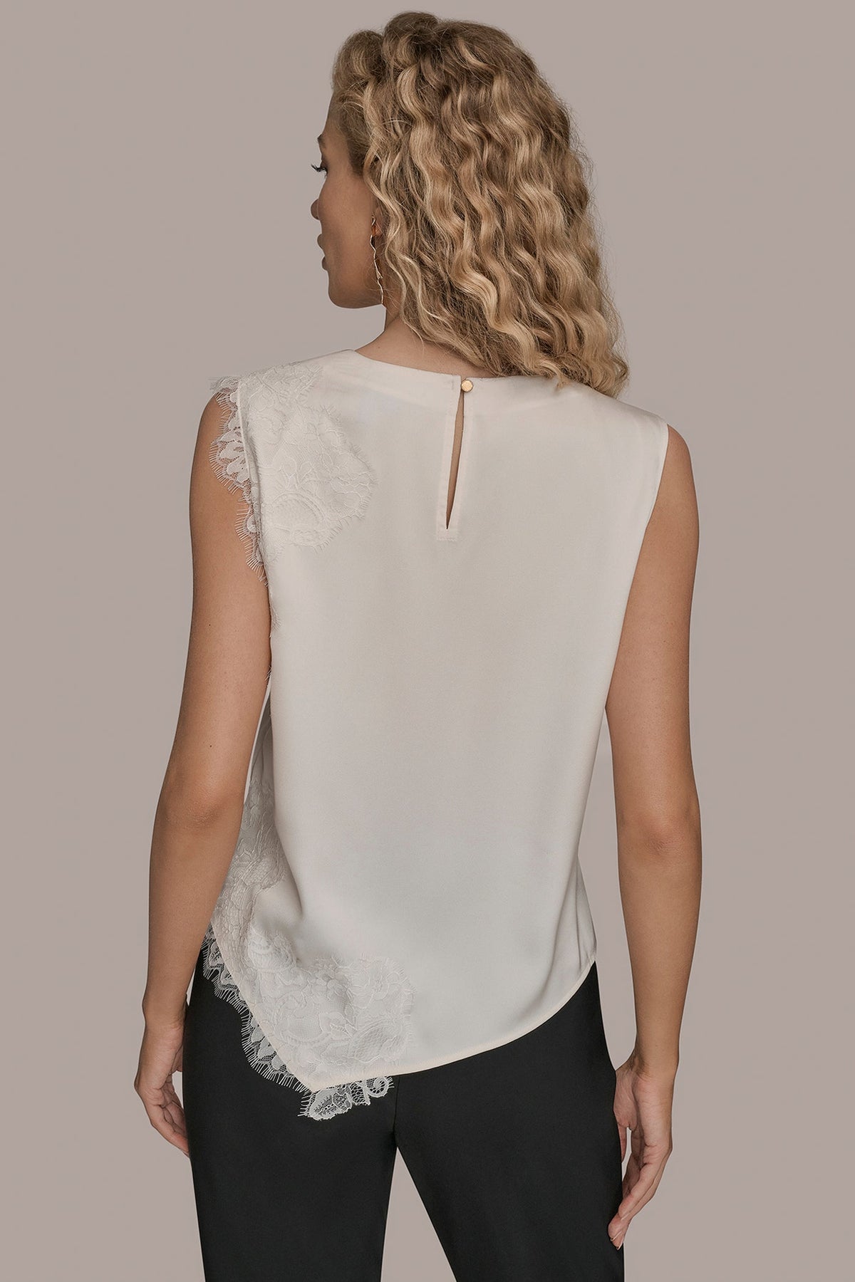 Donna Karan SLEEVELESS LACE-TRIM CREPE BLOUSE