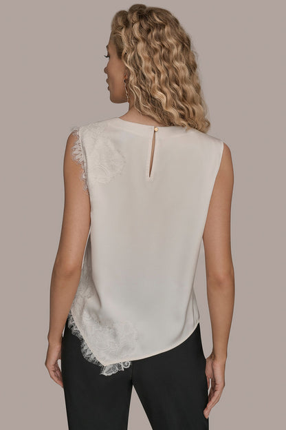 Donna Karan SLEEVELESS LACE-TRIM CREPE BLOUSE