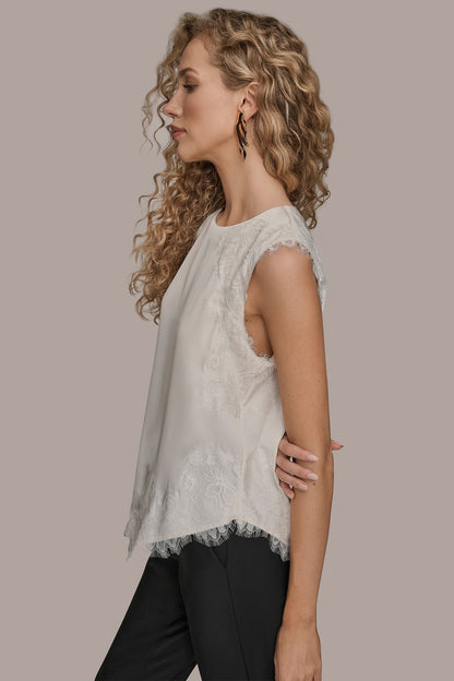 Donna Karan SLEEVELESS LACE-TRIM CREPE BLOUSE
