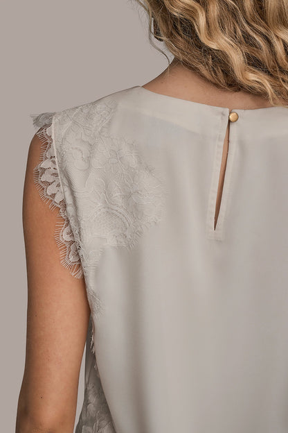 Donna Karan SLEEVELESS LACE-TRIM CREPE BLOUSE