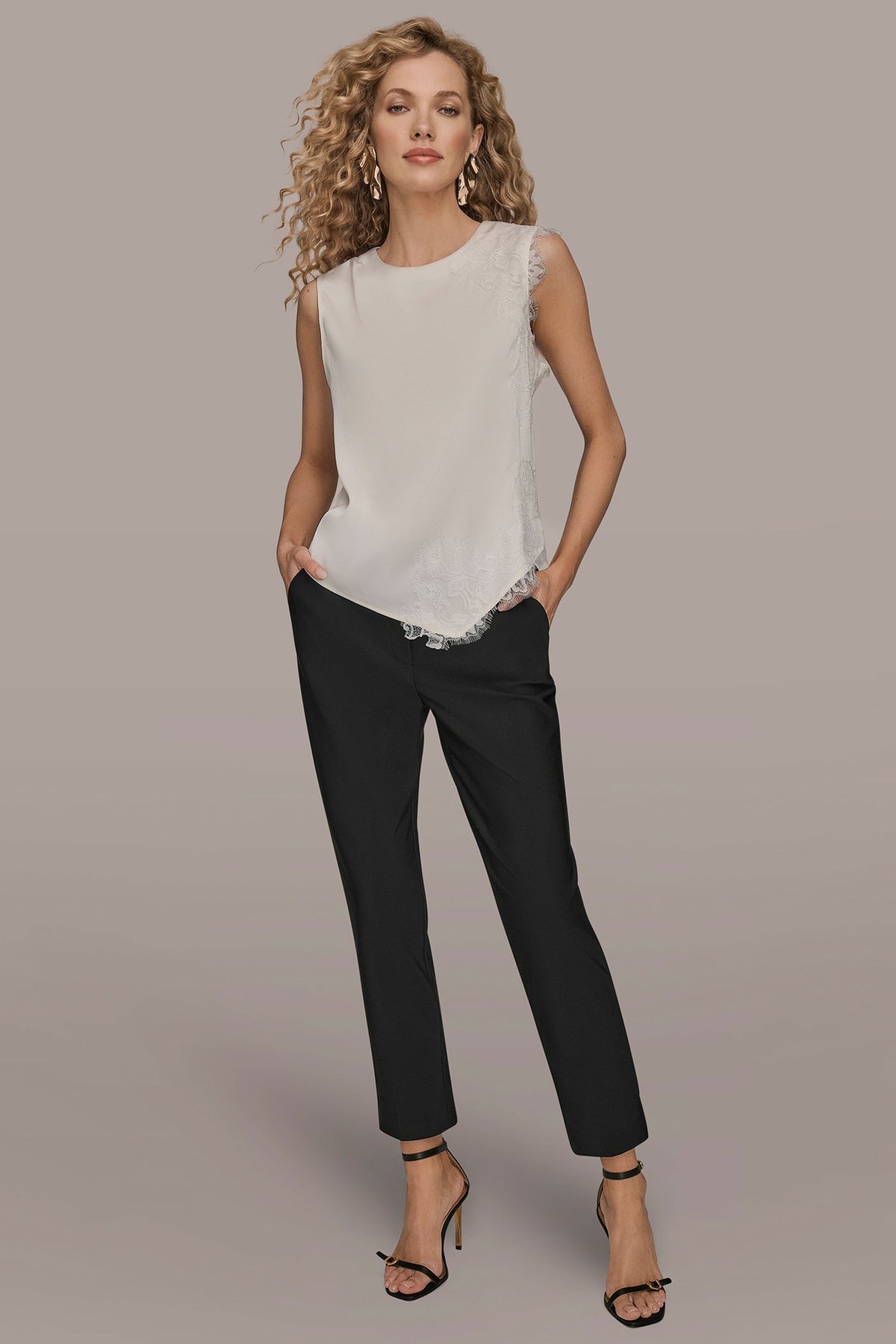 Donna Karan SLEEVELESS LACE-TRIM CREPE BLOUSE