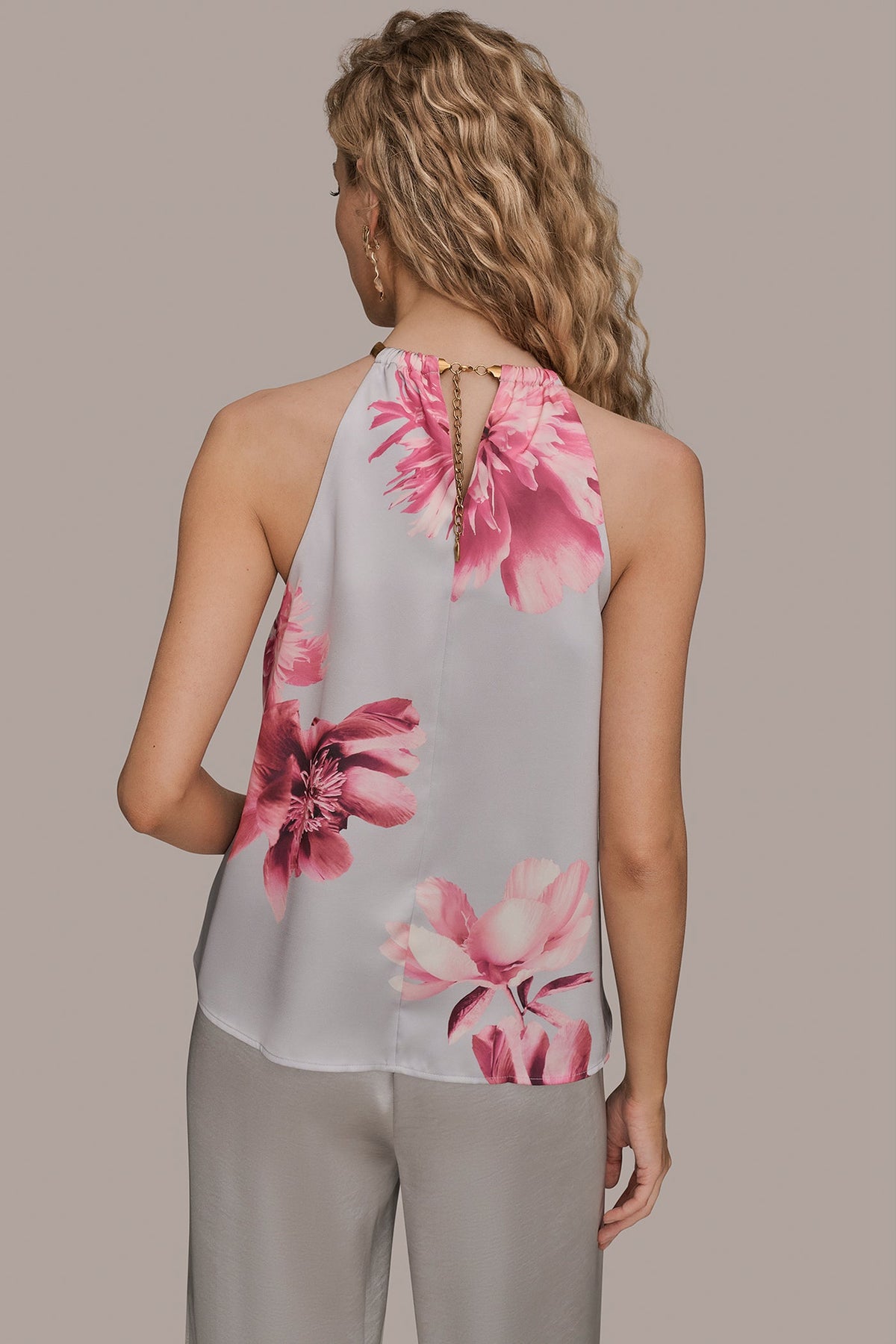 Donna Karan FLORAL TWIST-NECK HALTER BLOUSE