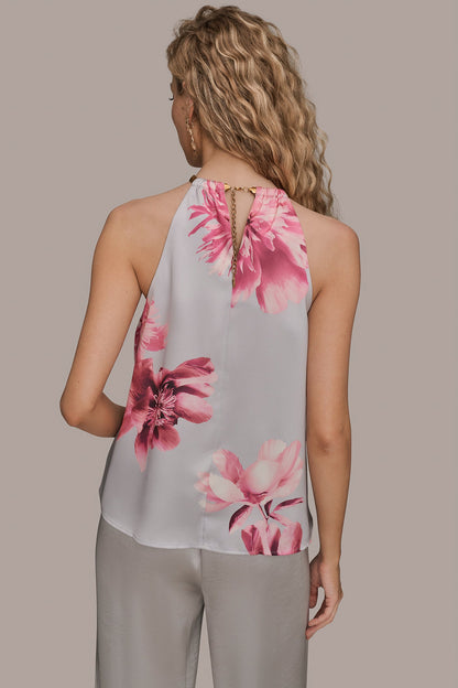 Donna Karan FLORAL TWIST-NECK HALTER BLOUSE