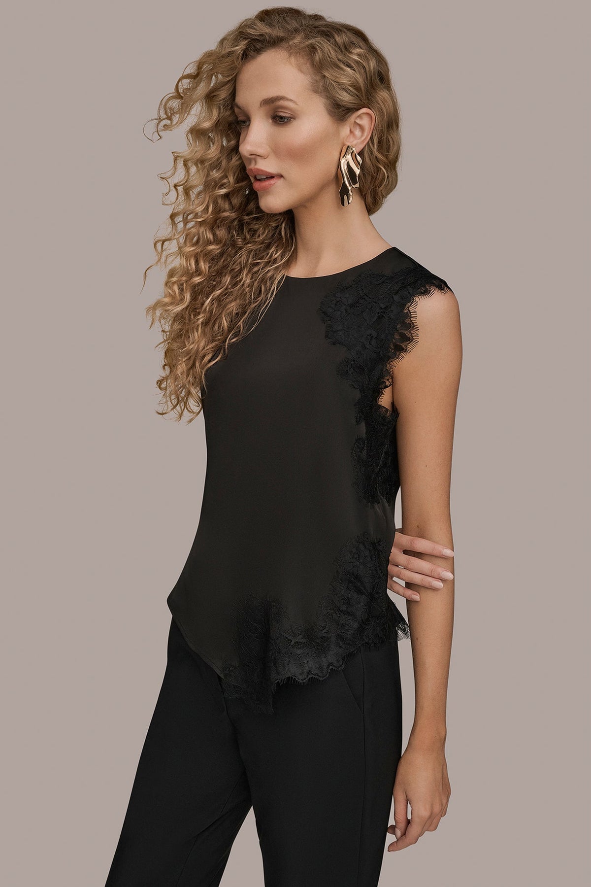 Donna Karan ASYMMETRIC LACE-TRIMMED BLOUSE