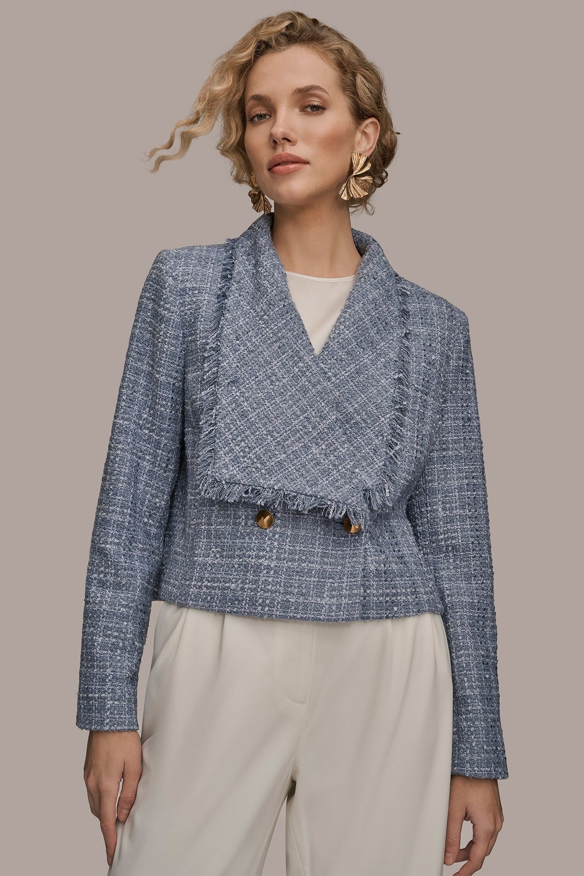 Donna Karan CROPPED DOUBLE-BREASTED FRINGED TWEED JACKET