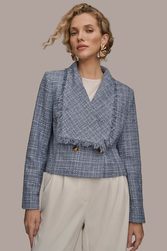 Donna Karan CROPPED DOUBLE-BREASTED FRINGED TWEED JACKET