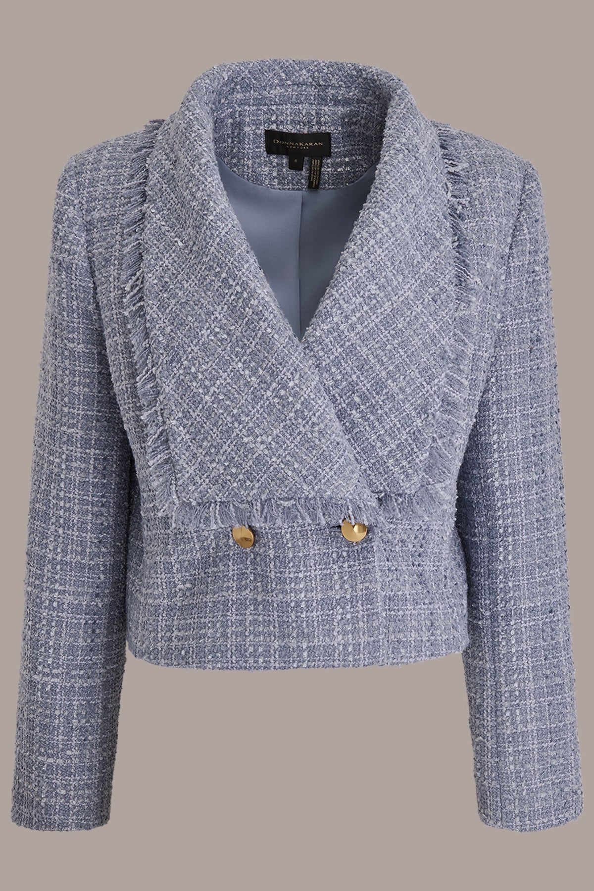 Donna Karan CROPPED DOUBLE-BREASTED FRINGED TWEED JACKET