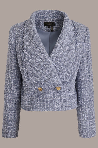 Donna Karan CROPPED DOUBLE-BREASTED FRINGED TWEED JACKET