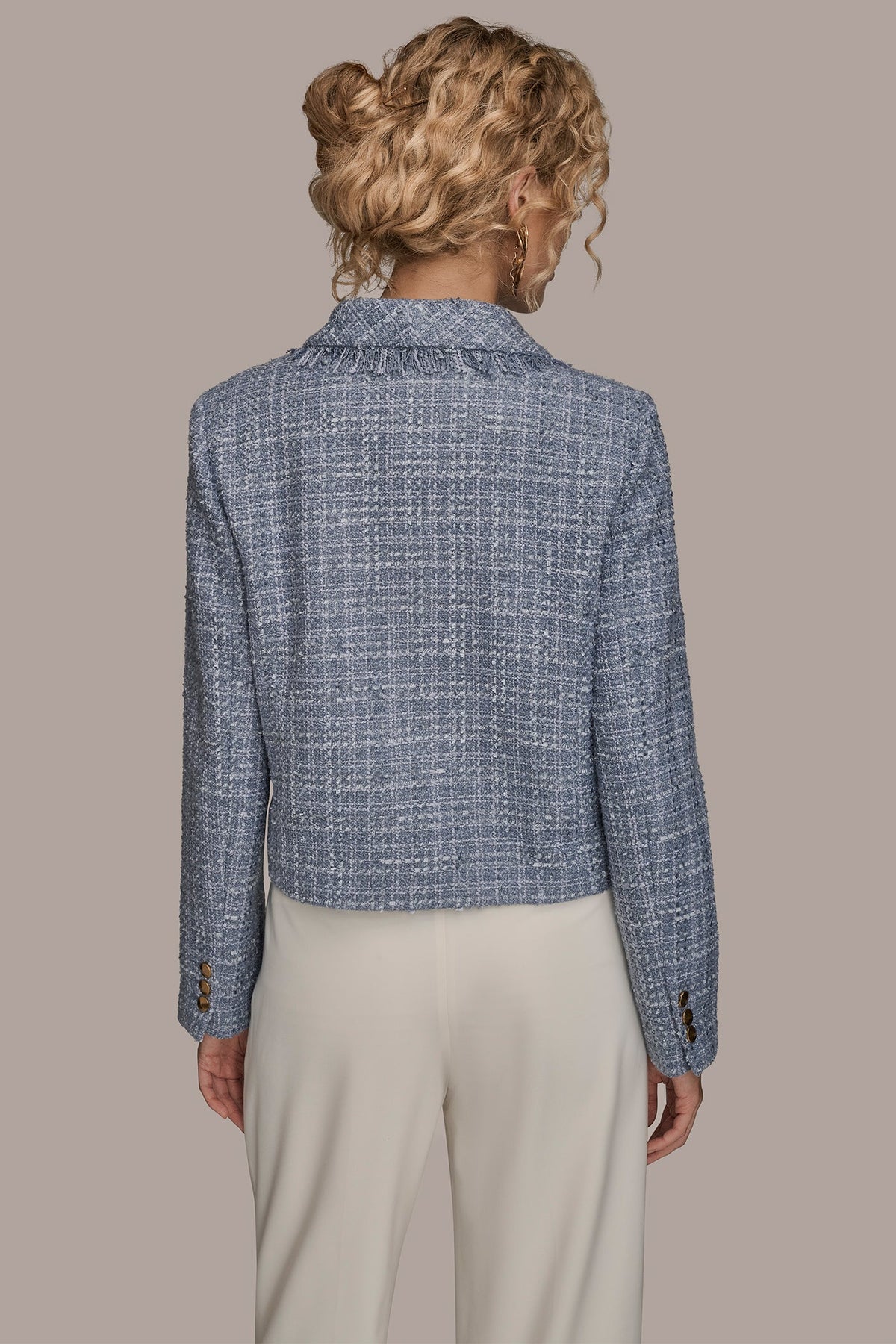 Donna Karan CROPPED DOUBLE-BREASTED FRINGED TWEED JACKET