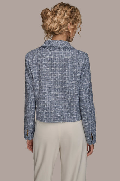 Donna Karan CROPPED DOUBLE-BREASTED FRINGED TWEED JACKET
