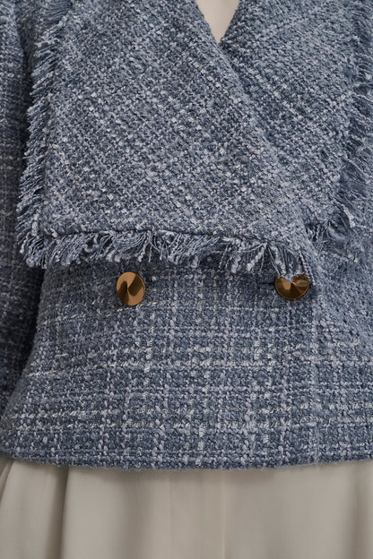 Donna Karan CROPPED DOUBLE-BREASTED FRINGED TWEED JACKET