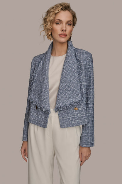 Donna Karan CROPPED DOUBLE-BREASTED FRINGED TWEED JACKET