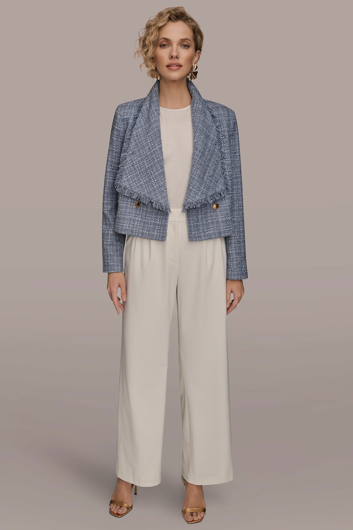 Donna Karan CROPPED DOUBLE-BREASTED FRINGED TWEED JACKET