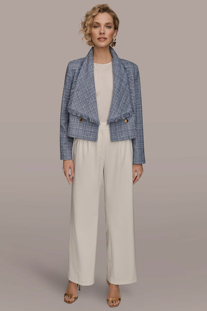 Donna Karan CROPPED DOUBLE-BREASTED FRINGED TWEED JACKET