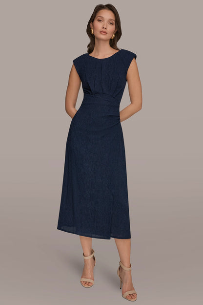 Donna Karan CRINKLED SLEEVELESS RUCHED MIDI DRESS