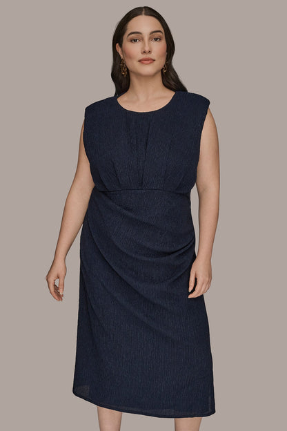 Donna Karan CRINKLED SLEEVELESS RUCHED MIDI DRESS