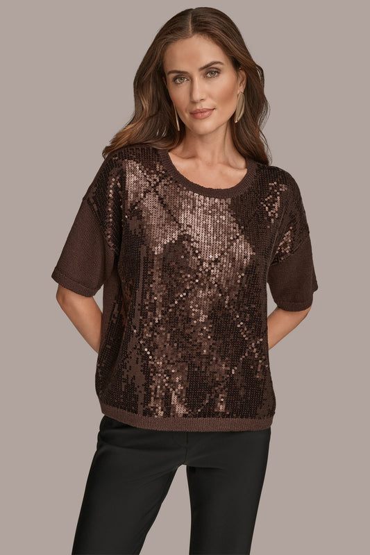 Donna Karan ELBOW-SLEEVE SEQUIN SWEATER