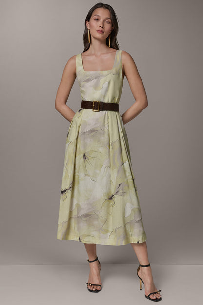 Donna Karan SLEEVELESS SQUARE NECK PRINTED BELTED MIDI FIT AND FLARE DRESS