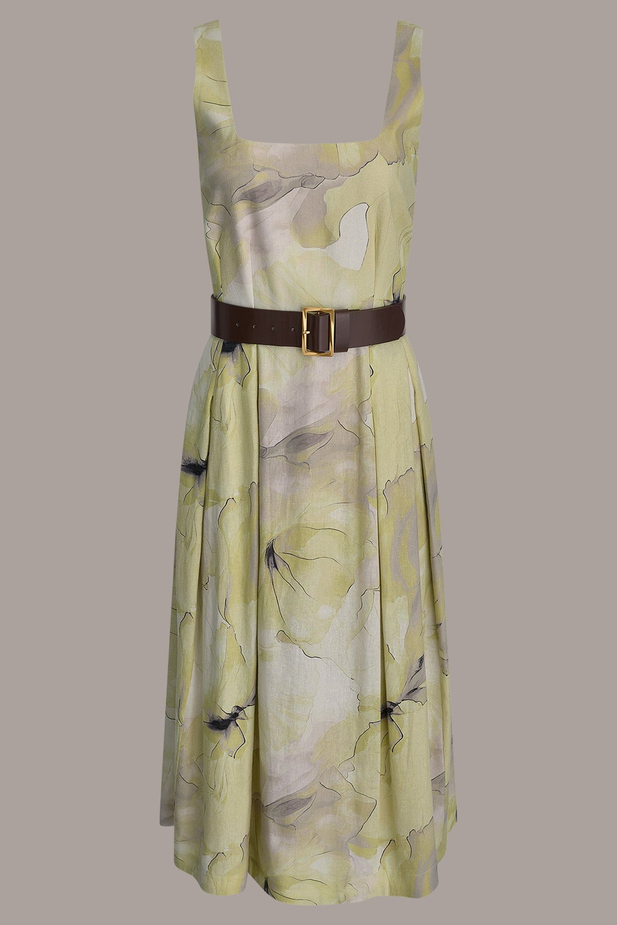 Donna Karan SLEEVELESS SQUARE NECK PRINTED BELTED MIDI FIT AND FLARE DRESS