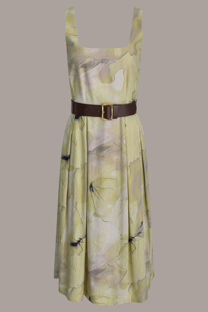 Donna Karan SLEEVELESS SQUARE NECK PRINTED BELTED MIDI FIT AND FLARE DRESS