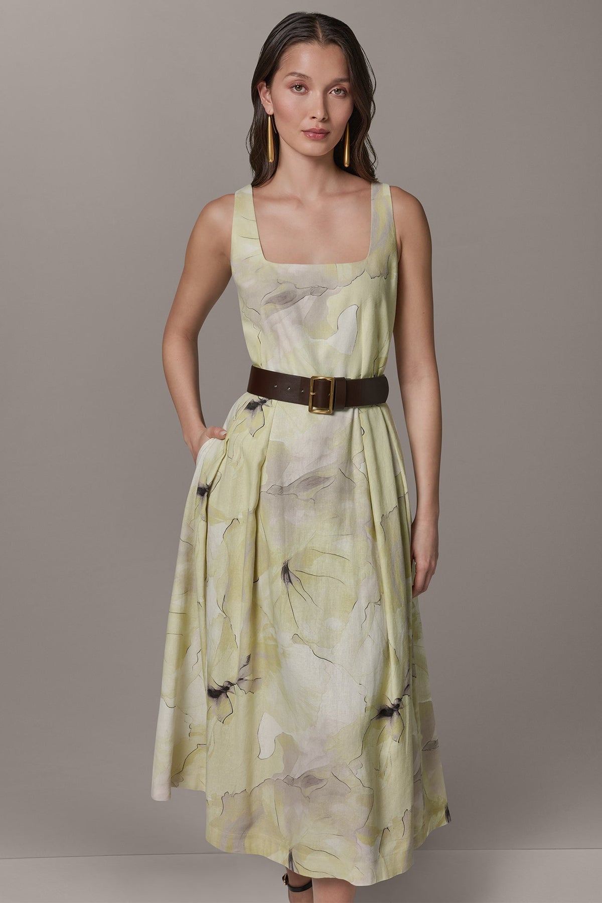 Donna Karan SLEEVELESS SQUARE NECK PRINTED BELTED MIDI FIT AND FLARE DRESS