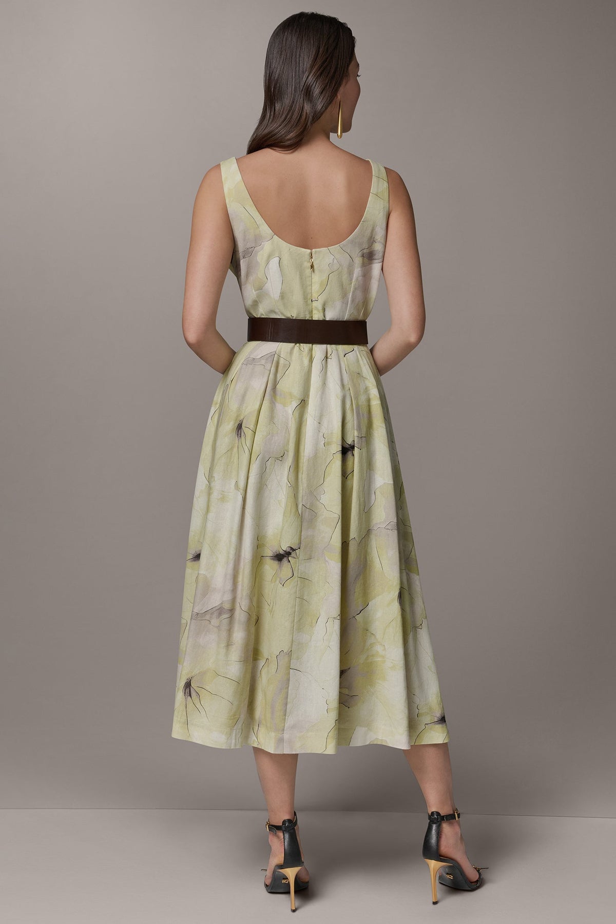 Donna Karan SLEEVELESS SQUARE NECK PRINTED BELTED MIDI FIT AND FLARE DRESS