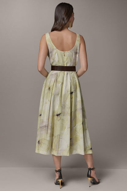 Donna Karan SLEEVELESS SQUARE NECK PRINTED BELTED MIDI FIT AND FLARE DRESS