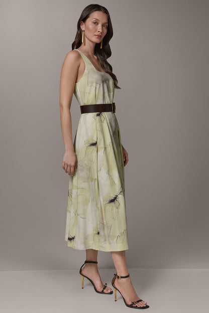 Donna Karan SLEEVELESS SQUARE NECK PRINTED BELTED MIDI FIT AND FLARE DRESS