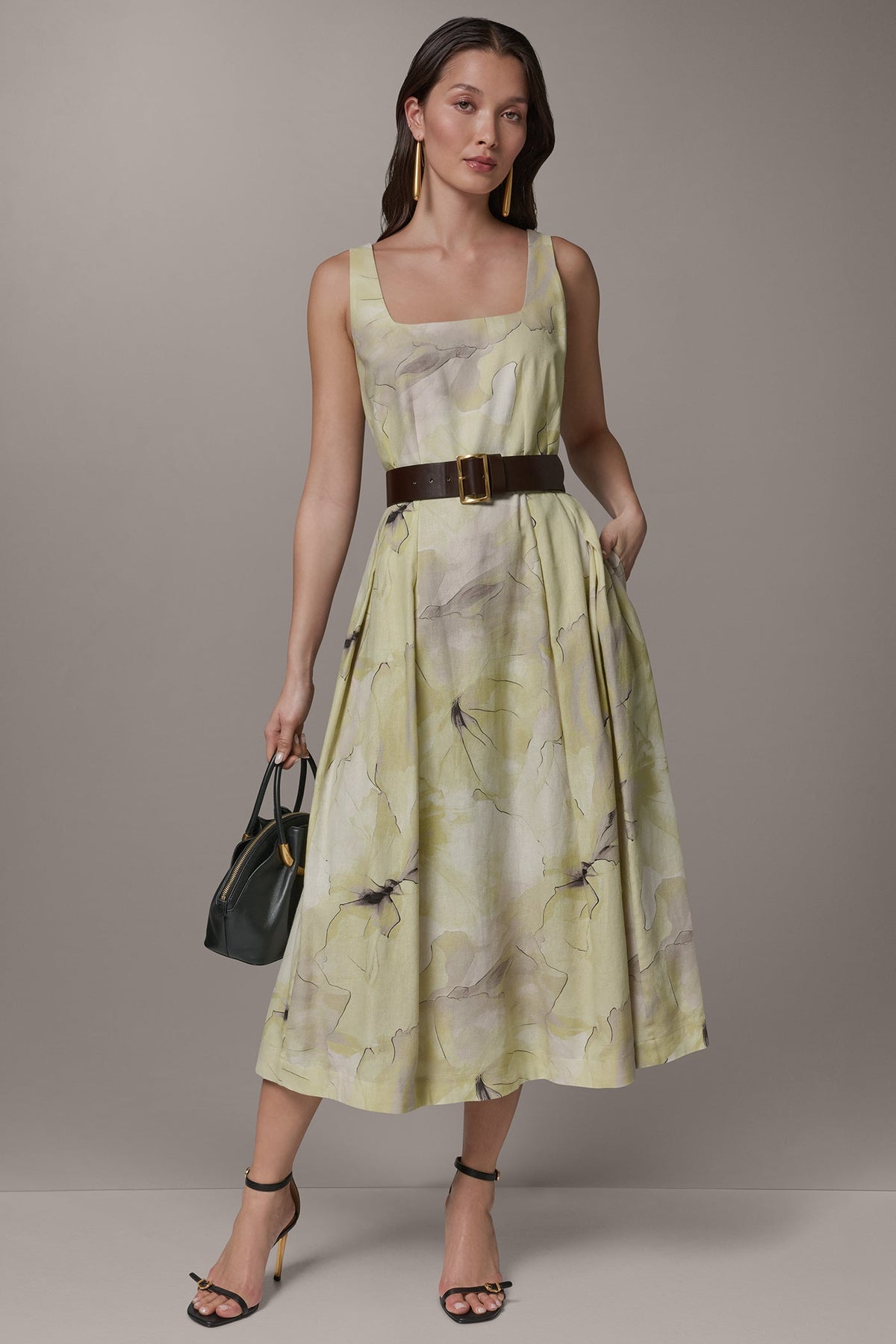 Donna Karan SLEEVELESS SQUARE NECK PRINTED BELTED MIDI FIT AND FLARE DRESS