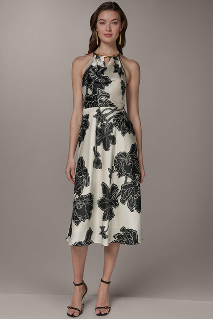 Donna Karan SLEEVELESS FLORAL MIDI HALTER DRESS