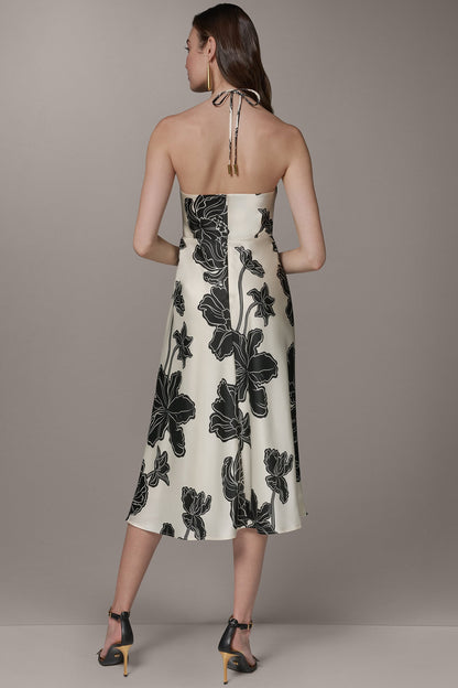 Donna Karan SLEEVELESS FLORAL MIDI HALTER DRESS