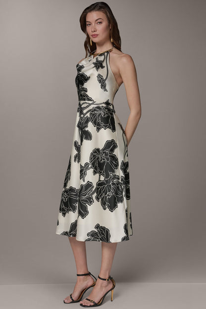 Donna Karan SLEEVELESS FLORAL MIDI HALTER DRESS