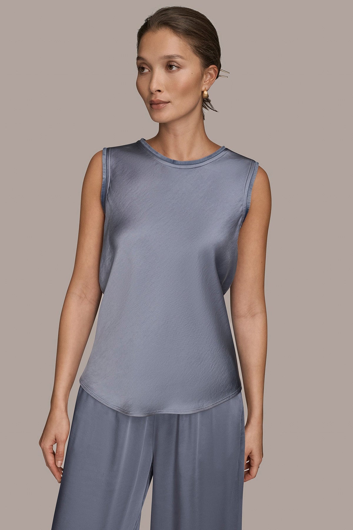 Donna Karan SATIN FRINGE-TRIMMED SLEEVELESS BLOUSE