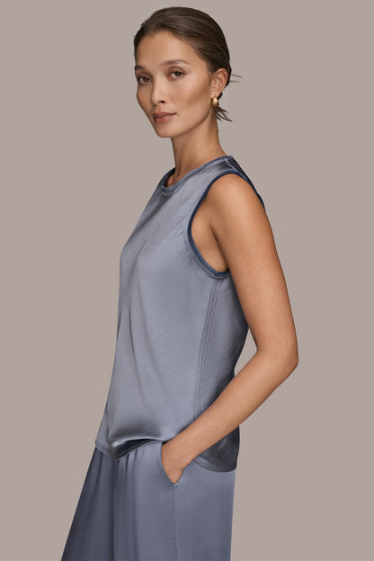Donna Karan SATIN FRINGE-TRIMMED SLEEVELESS BLOUSE