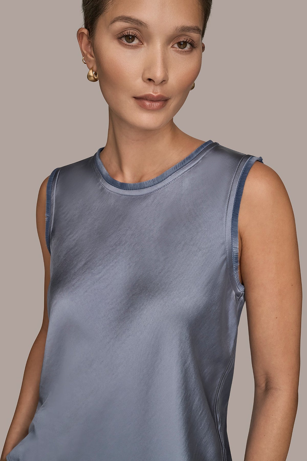 Donna Karan SATIN FRINGE-TRIMMED SLEEVELESS BLOUSE
