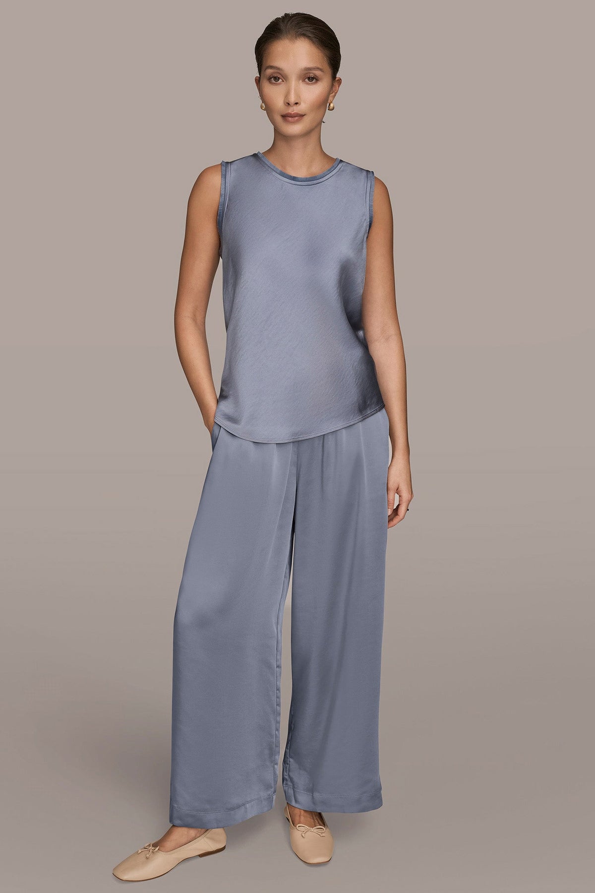 Donna Karan SATIN FRINGE-TRIMMED SLEEVELESS BLOUSE