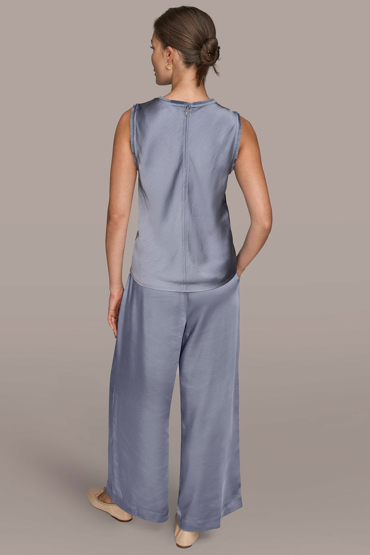 Donna Karan SATIN FRINGE-TRIMMED SLEEVELESS BLOUSE
