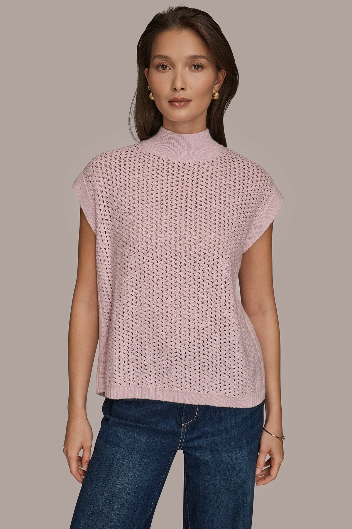 Donna Karan SLEEVELESS MOCK-NECK OPEN STITCH SWEATER