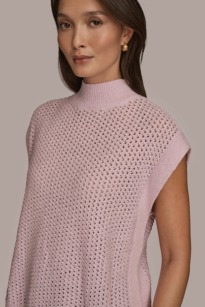 Donna Karan SLEEVELESS MOCK-NECK OPEN STITCH SWEATER