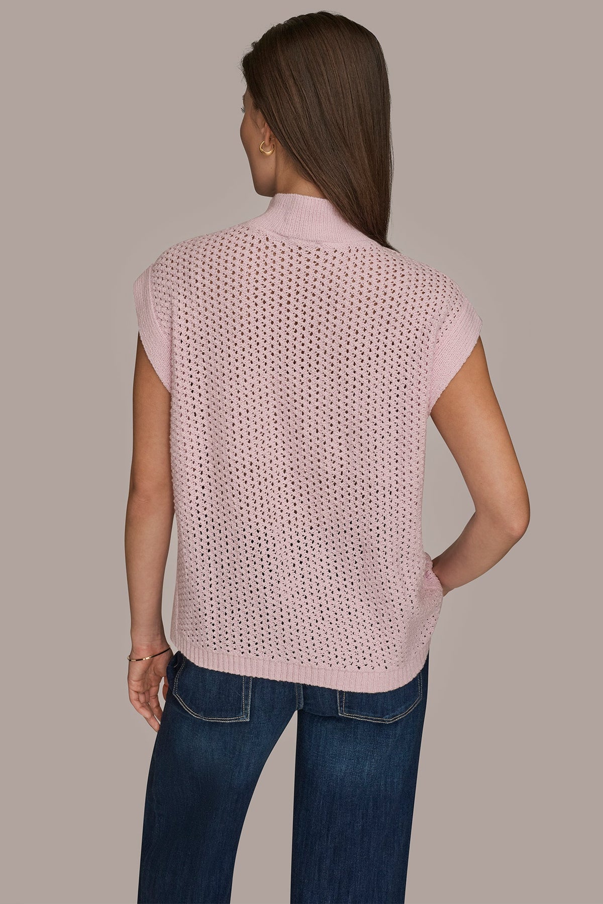 Donna Karan SLEEVELESS MOCK-NECK OPEN STITCH SWEATER