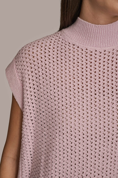 Donna Karan SLEEVELESS MOCK-NECK OPEN STITCH SWEATER